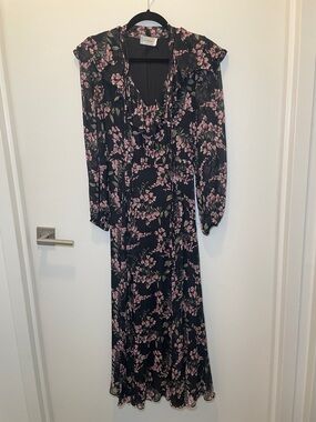 Zimmermann Floral Ruffle V-Neck Maxi Dress - Black with Pink Floral
